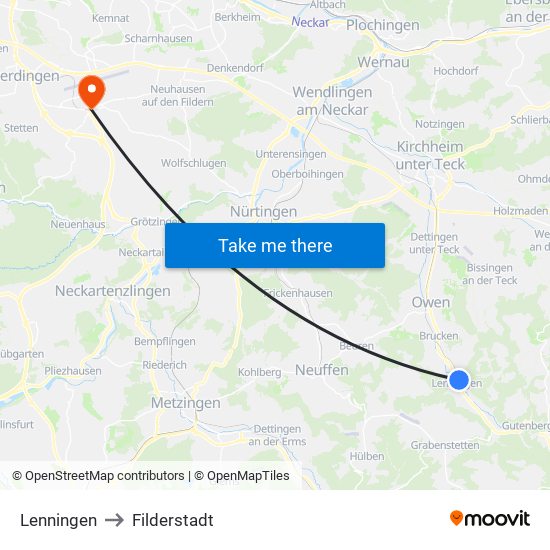Lenningen to Filderstadt map
