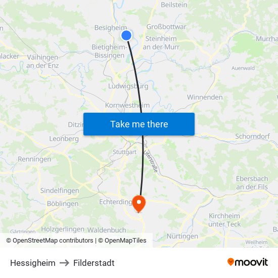 Hessigheim to Filderstadt map