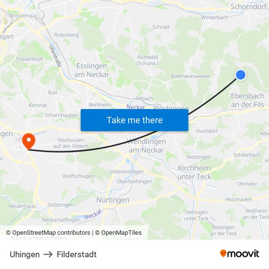 Uhingen to Filderstadt map