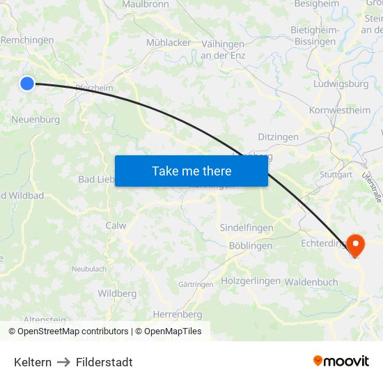 Keltern to Filderstadt map