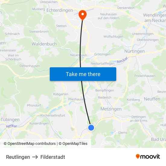 Reutlingen to Filderstadt map