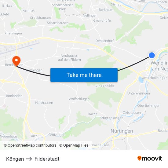 Köngen to Filderstadt map