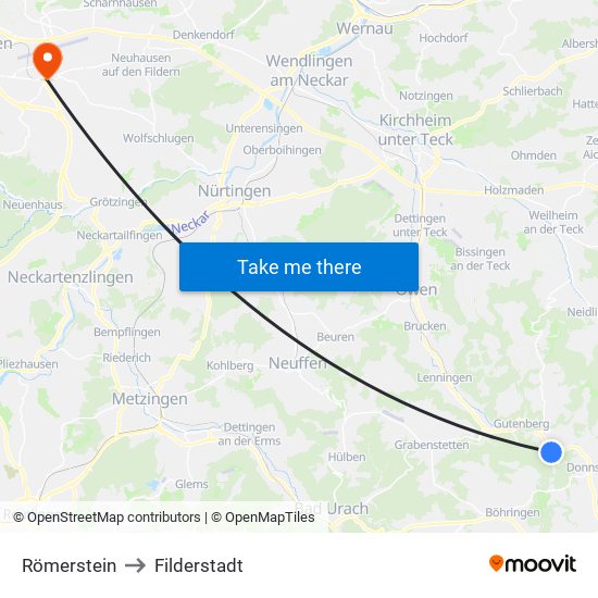 Römerstein to Filderstadt map