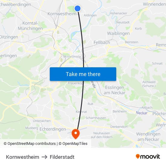 Kornwestheim to Filderstadt map