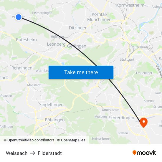Weissach to Filderstadt map