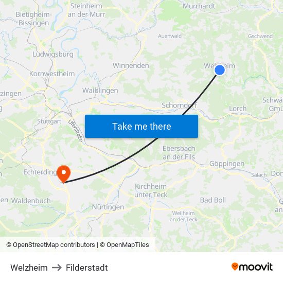 Welzheim to Filderstadt map