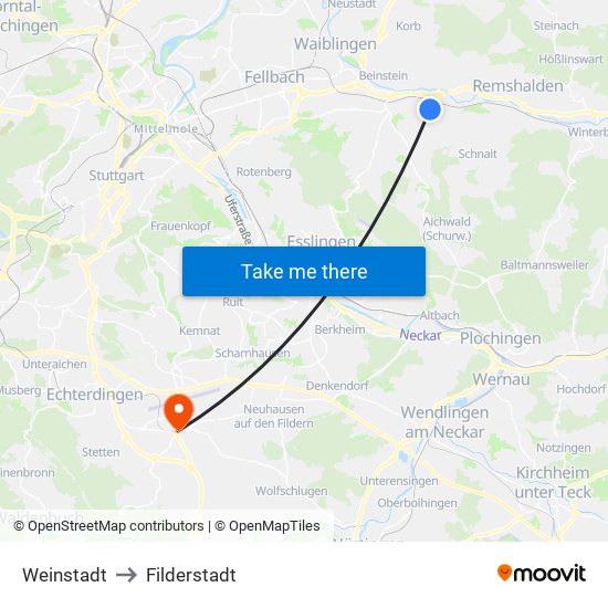 Weinstadt to Filderstadt map