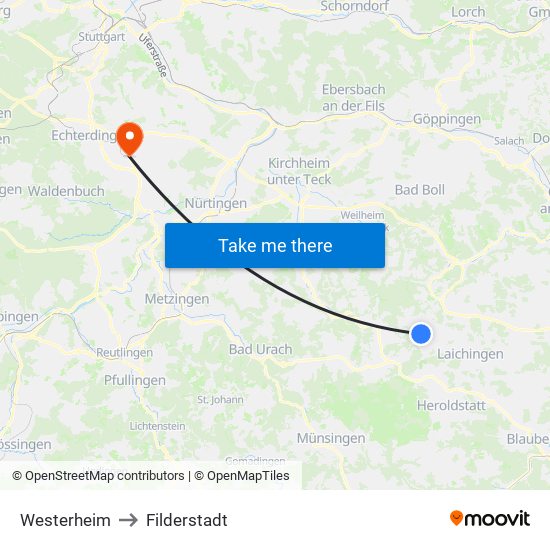 Westerheim to Filderstadt map