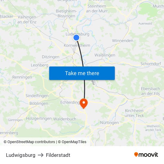 Ludwigsburg to Filderstadt map