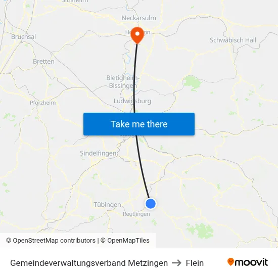 Gemeindeverwaltungsverband Metzingen to Flein map