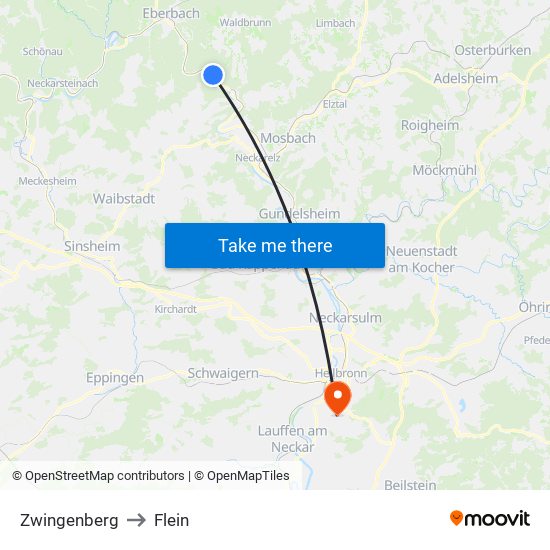 Zwingenberg to Flein map