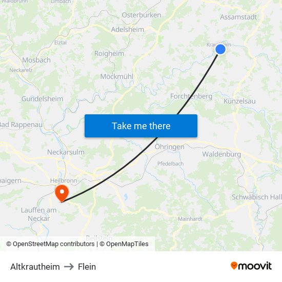 Altkrautheim to Flein map