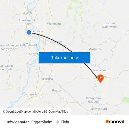 Ludwigshafen-Oggersheim to Flein map