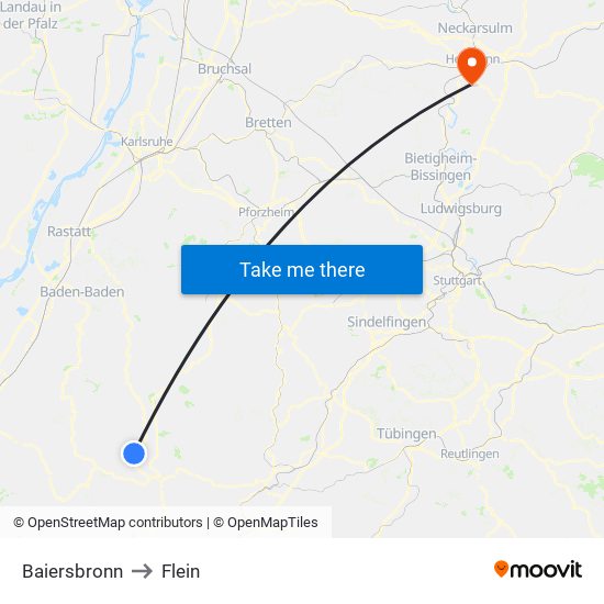 Baiersbronn to Flein map