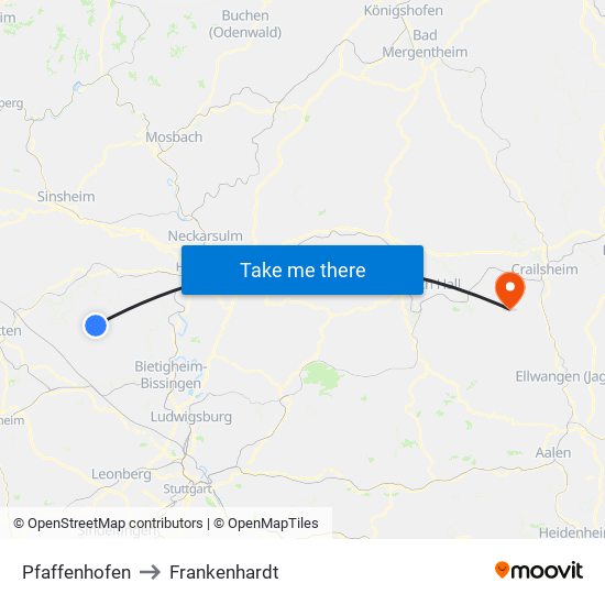 Pfaffenhofen to Frankenhardt map