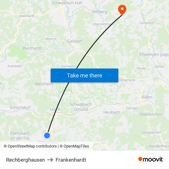 Rechberghausen to Frankenhardt map