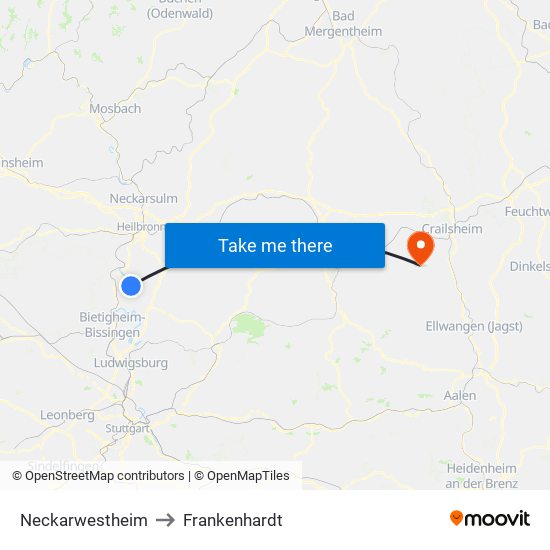 Neckarwestheim to Frankenhardt map