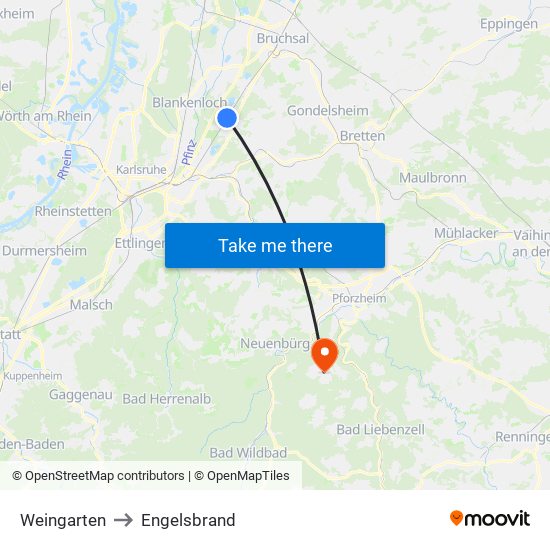 Weingarten to Engelsbrand map