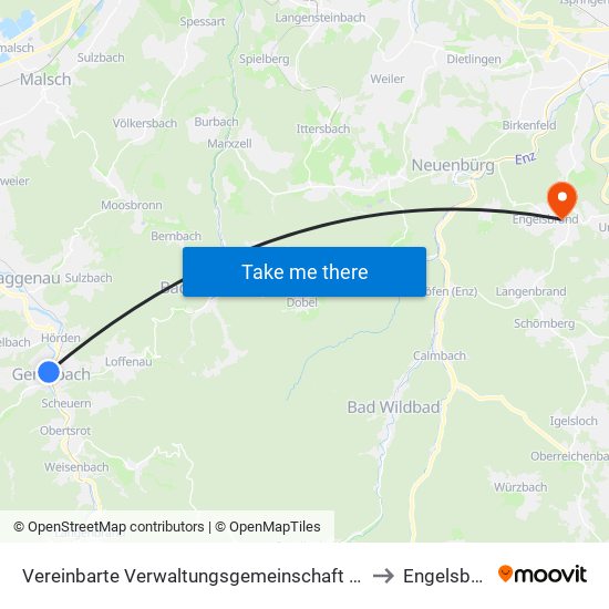 Vereinbarte Verwaltungsgemeinschaft Gernsbach to Engelsbrand map