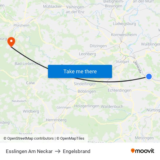 Esslingen Am Neckar to Engelsbrand map