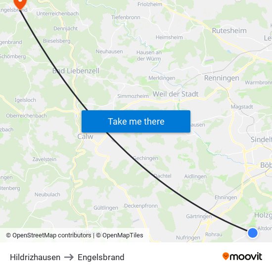 Hildrizhausen to Engelsbrand map