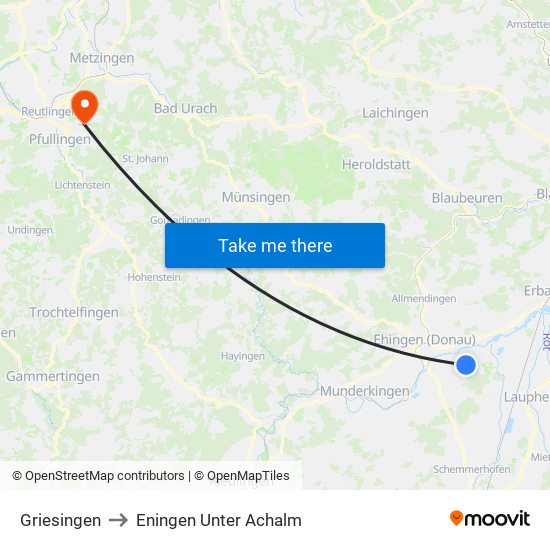 Griesingen to Eningen Unter Achalm map