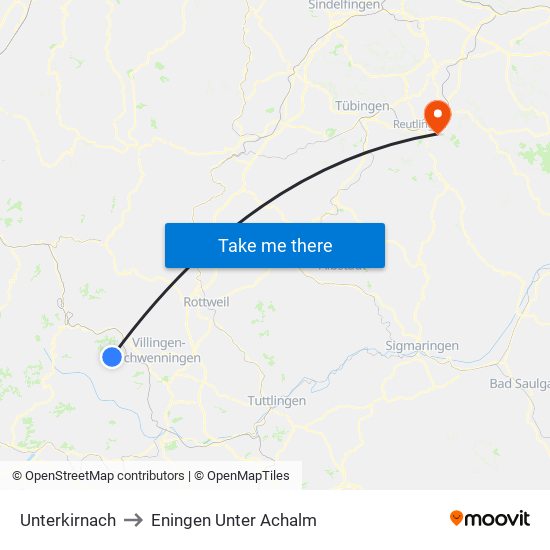 Unterkirnach to Eningen Unter Achalm map