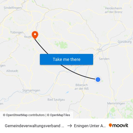 Gemeindeverwaltungsverband Schwendi to Eningen Unter Achalm map