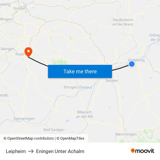 Leipheim to Eningen Unter Achalm map
