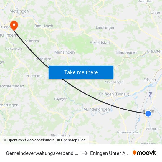 Gemeindeverwaltungsverband Laupheim to Eningen Unter Achalm map