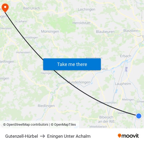 Gutenzell-Hürbel to Eningen Unter Achalm map