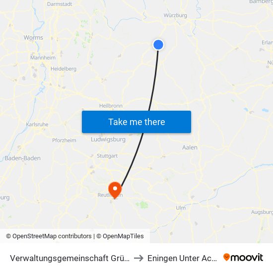 Verwaltungsgemeinschaft Grünsfeld to Eningen Unter Achalm map