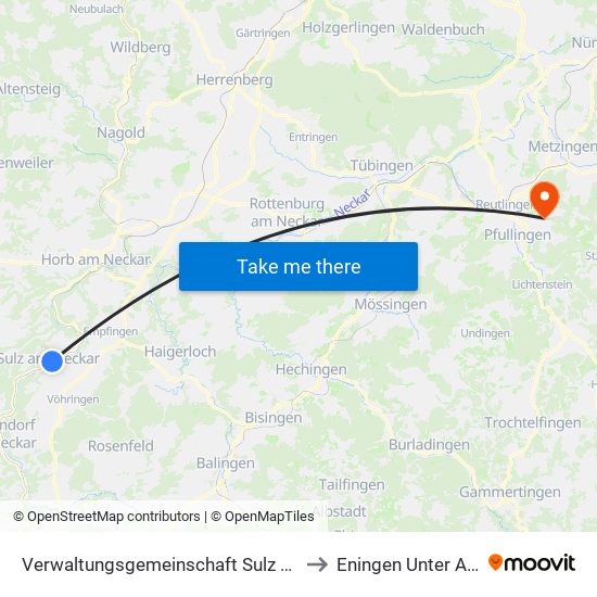 Verwaltungsgemeinschaft Sulz am Neckar to Eningen Unter Achalm map