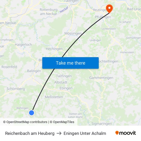 Reichenbach am Heuberg to Eningen Unter Achalm map