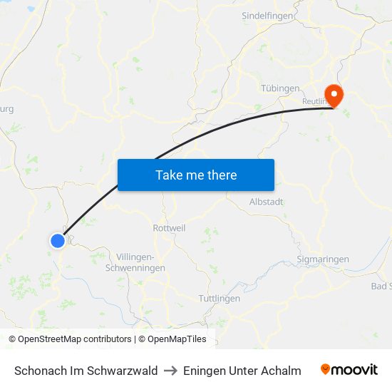 Schonach Im Schwarzwald to Eningen Unter Achalm map