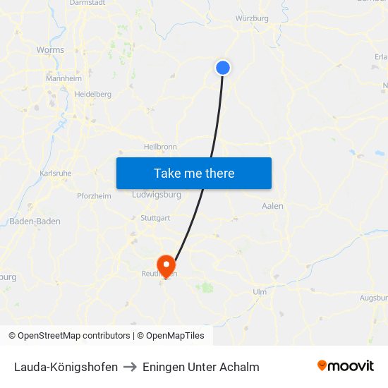 Lauda-Königshofen to Eningen Unter Achalm map
