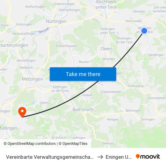 Vereinbarte Verwaltungsgemeinschaft Der Stadt Weilheim An Der Teck to Eningen Unter Achalm map