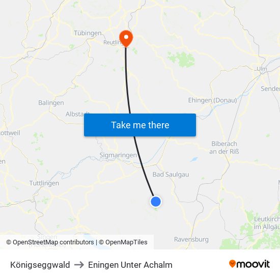 Königseggwald to Eningen Unter Achalm map