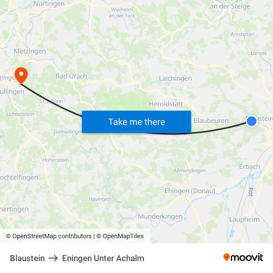 Blaustein to Eningen Unter Achalm map