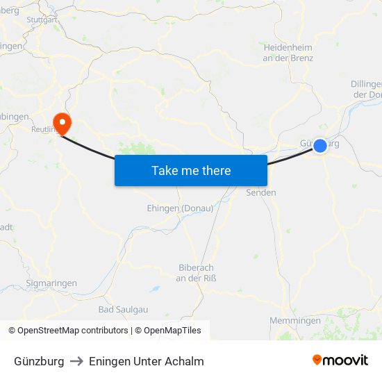 Günzburg to Eningen Unter Achalm map