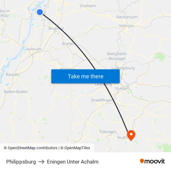 Philippsburg to Eningen Unter Achalm map