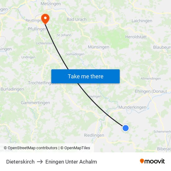 Dieterskirch to Eningen Unter Achalm map