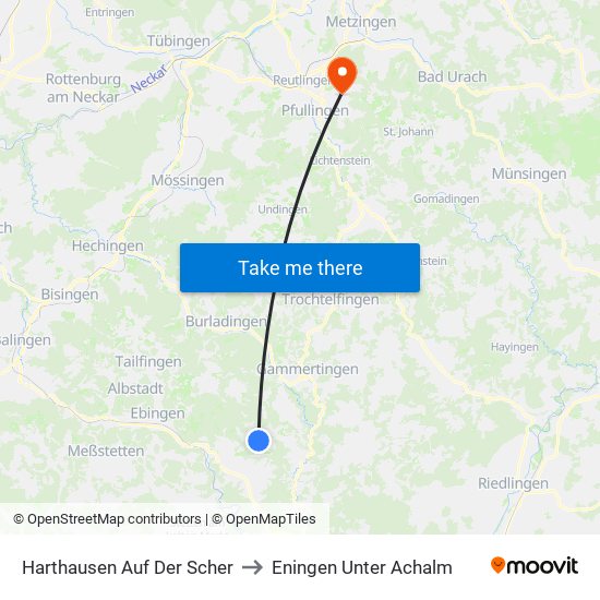 Harthausen Auf Der Scher to Eningen Unter Achalm map