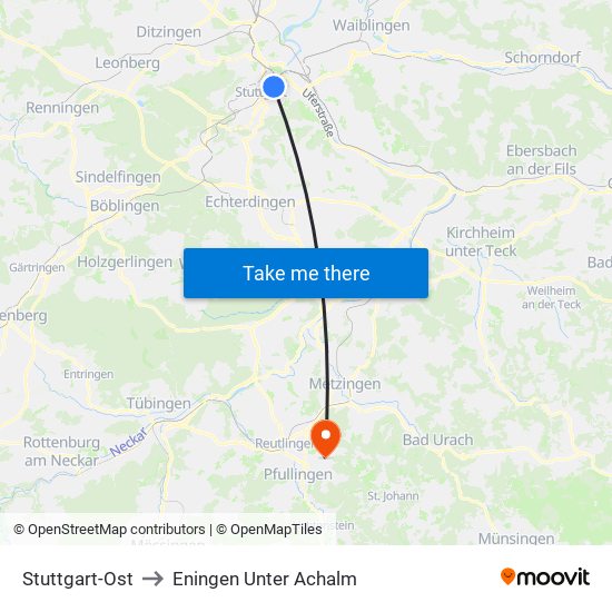 Stuttgart-Ost to Eningen Unter Achalm map