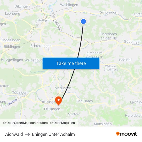 Aichwald to Eningen Unter Achalm map