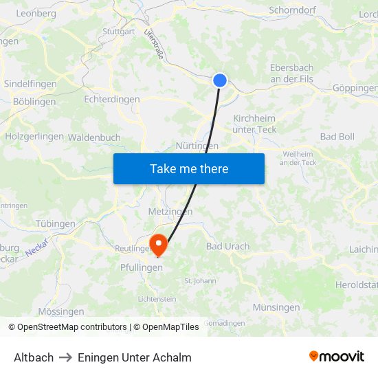 Altbach to Eningen Unter Achalm map