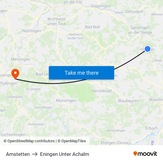 Amstetten to Eningen Unter Achalm map