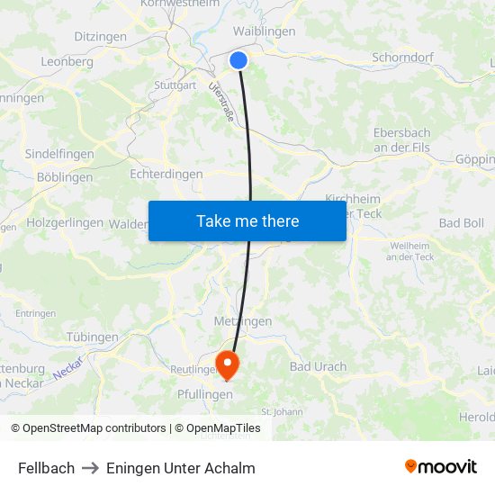 Fellbach to Eningen Unter Achalm map
