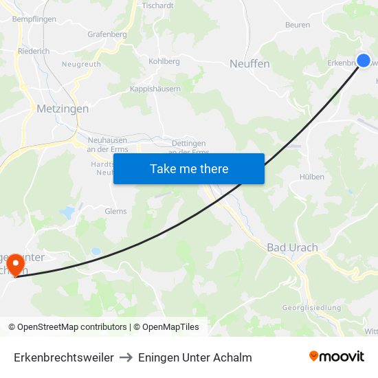 Erkenbrechtsweiler to Eningen Unter Achalm map