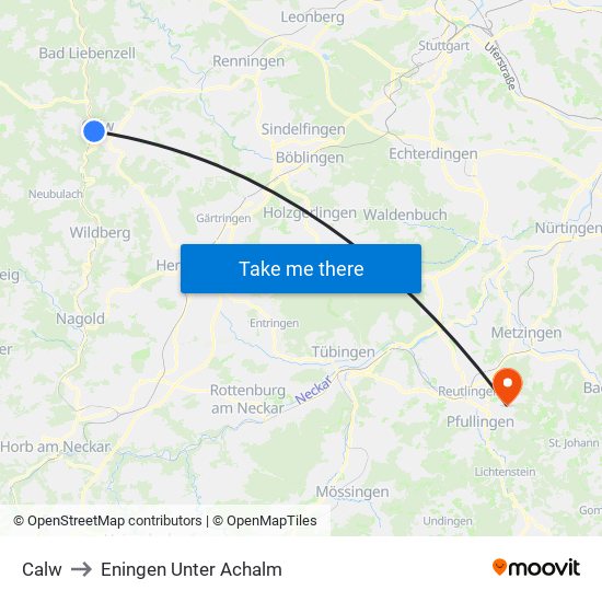 Calw to Eningen Unter Achalm map